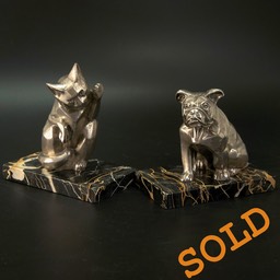 Pair of Stylised Art Deco Silvered Metal Cat and Dog Bookends, I. Rochard